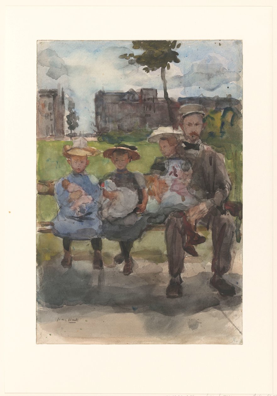 En mand med tre piger på en bænk i Oosterpark i Amsterdam af Isaac Israels