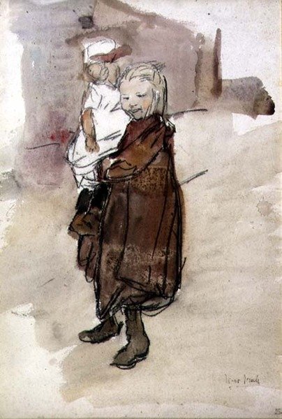 Pige og barn (akvarel på papir) af Isaac Israels