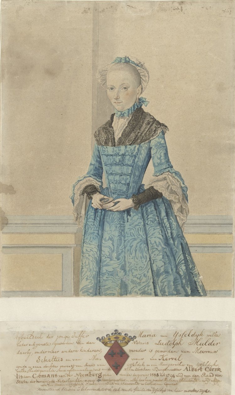 Portræt af Maria van IJsseldijk, stående knæstykke af Isaac Lodewijk la Fargue van Nieuwland