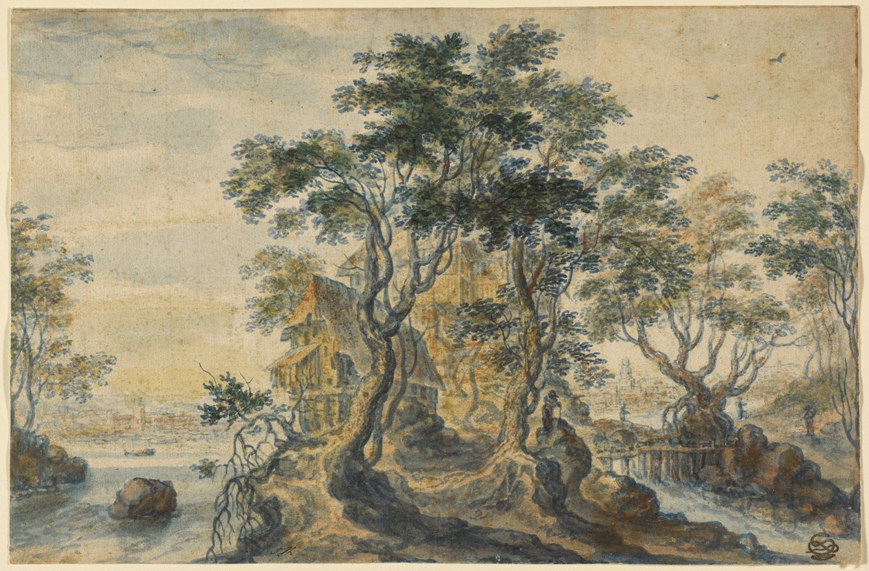 Flodlandskab med hus på en klippeø af Isaac Major