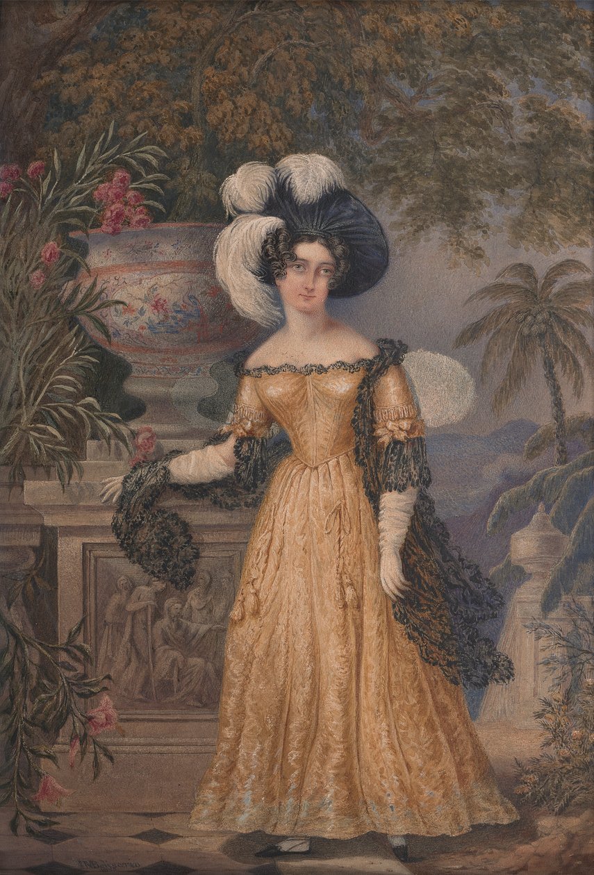 Lady Rowe, stående lille i fuld længde på en terrasse, et månebelyst jamaicansk landskab hinsides af Isaac Mendes Belisario