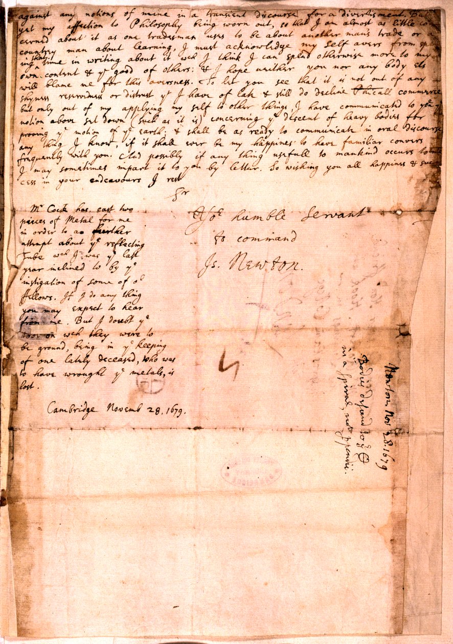 Brev skrevet af Isaac Newton, 28. november 1679 af Isaac Newton