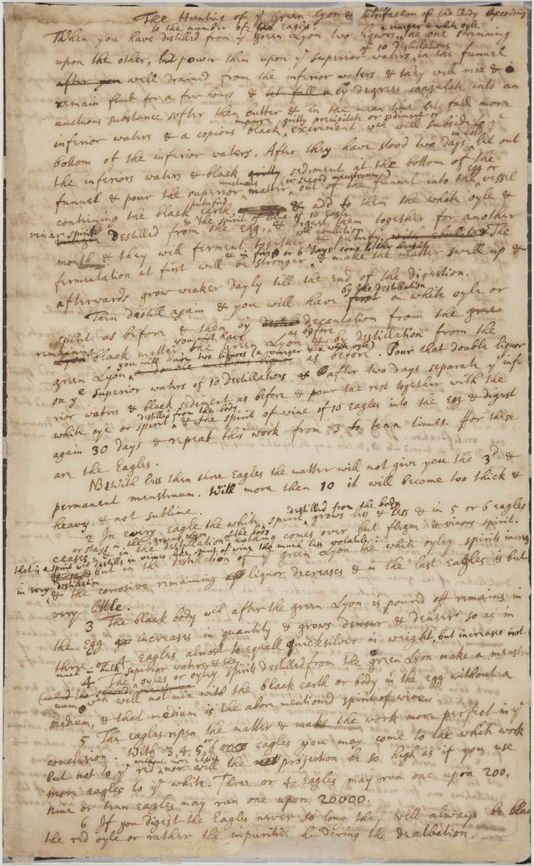 Jagten på det grønne Lyon, recto, ca. 1700 af Isaac Newton
