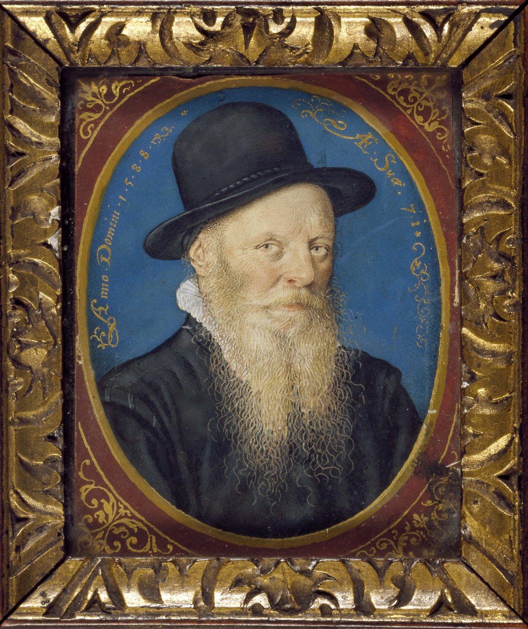 Ældre mand i sort hat, 1588 (olie på kort) af Isaac Oliver