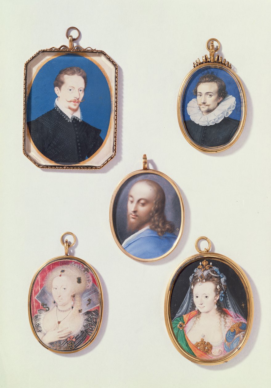 Miniaturer. fra LtoR, TtoB: Sir Arundel Talbot; Ukendt Mand; Kristi hoved; Anne af Danmark (1574-1619); Dame i maskekostume af Isaac Oliver