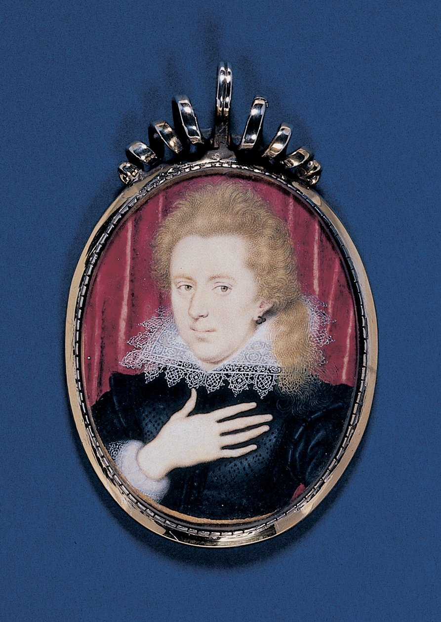 Portrætminiature af en ung herre, ca. 1615 (akvarel på vellum lagt ned på kort med sølvforgyldt ramme) af Isaac Oliver