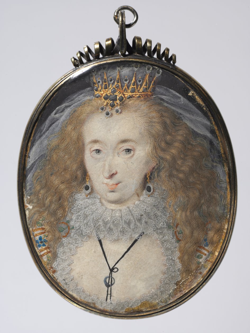 Portræt af Lucy Russell, grevinde af Bedford, ca. 1608-16 (akvarel på vellum med guld og sølv i en forgyldt sølvramme) af Isaac Oliver
