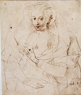 Portræt af en ukendt dame, formelt kaldet Lucy Harrington, grevinde af Bedford, en skitse til en miniature (nr. 3902) c.1605 (pen og blæk, kridt på papir) (se også 58811) af Isaac Oliver