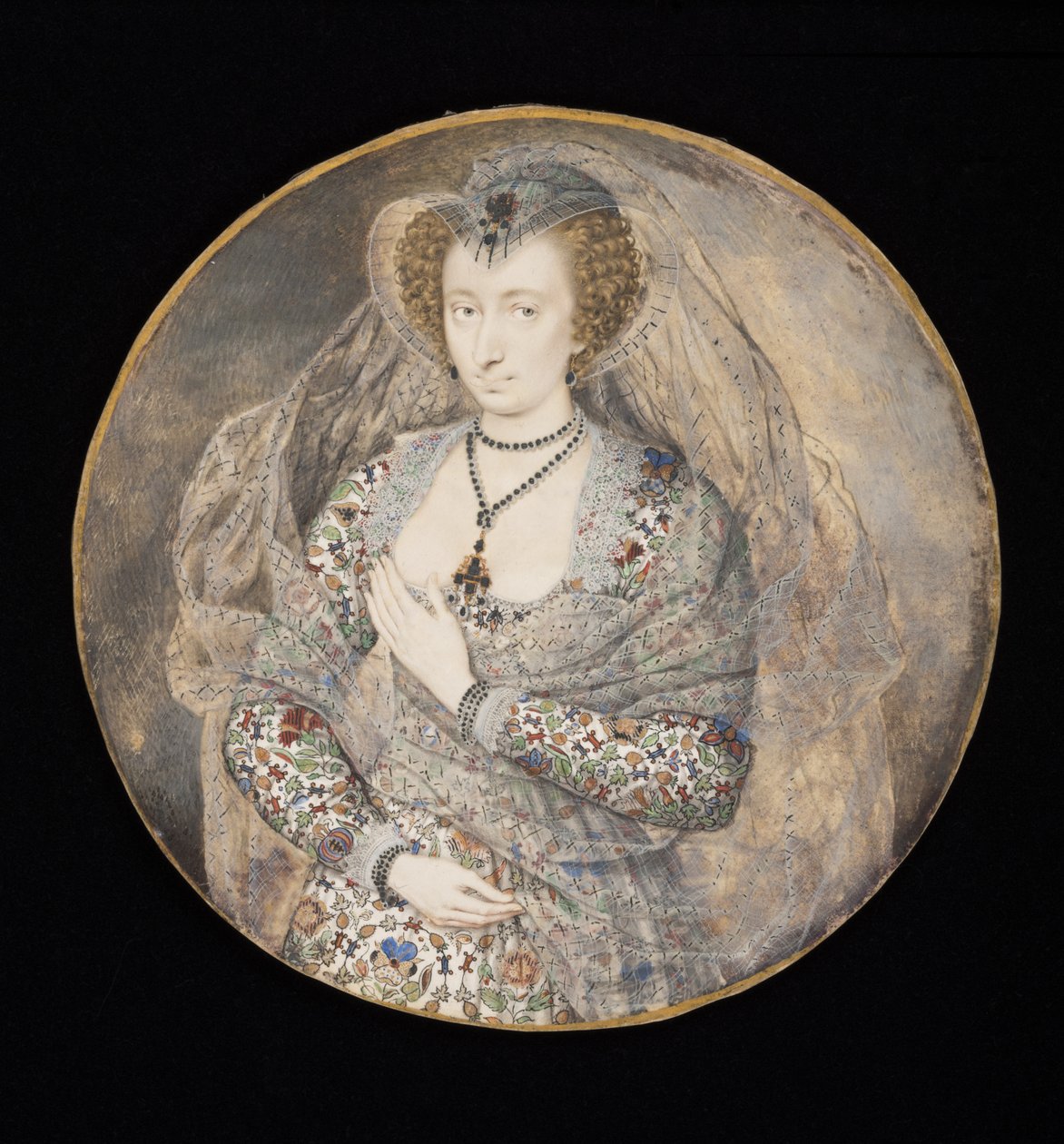 Ukendt dame, tidligere kaldet Lucy Harrington, grevinde af Bedford, ca. 1605 (kropsfarve og wc på kort) (for skitse se 88888) af Isaac Oliver