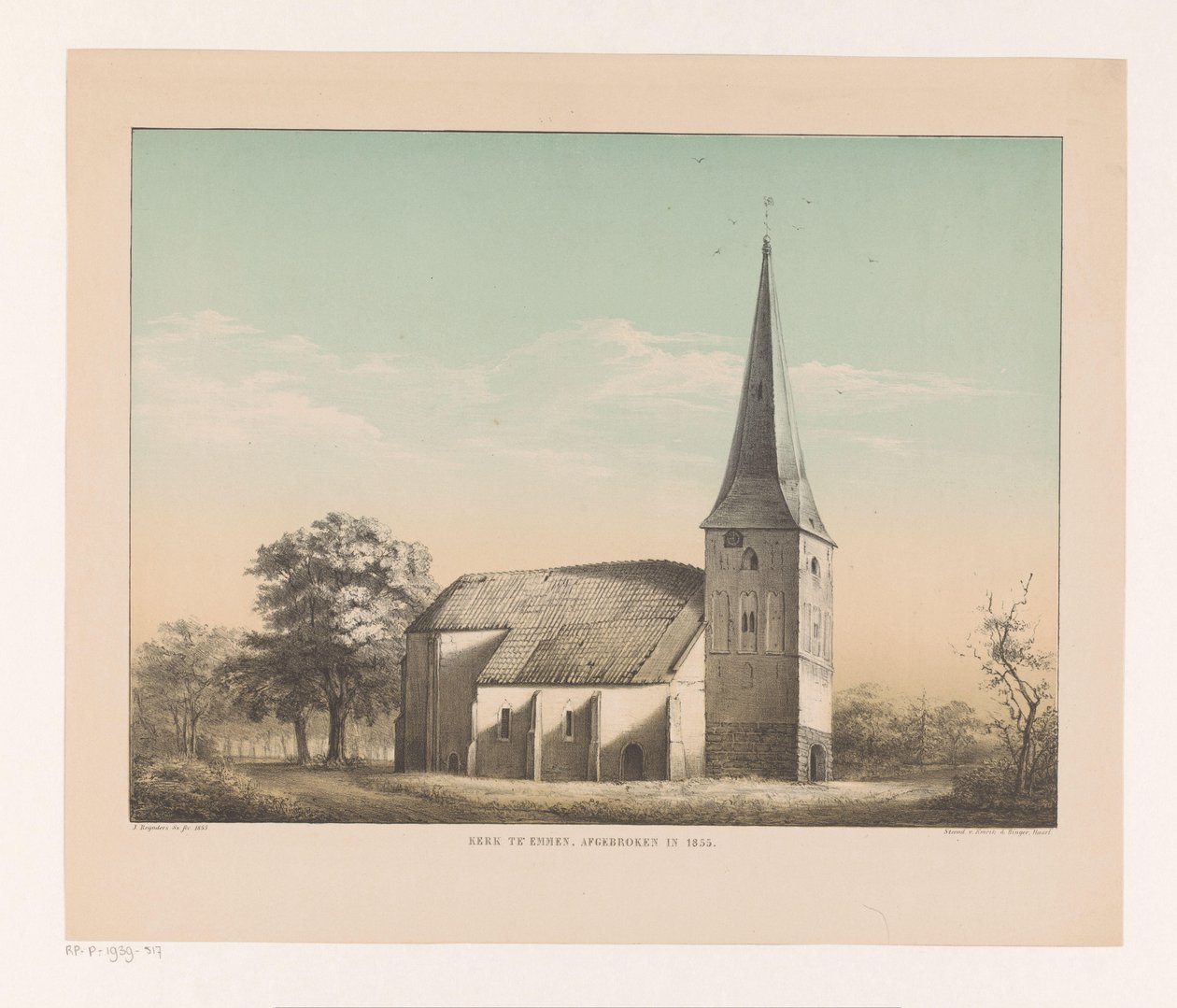 Udsigt over kirken i Emmen Kirke i Emmen, revet ned i 1855 (titel på objekt) af Isaac Reijnders Sz.