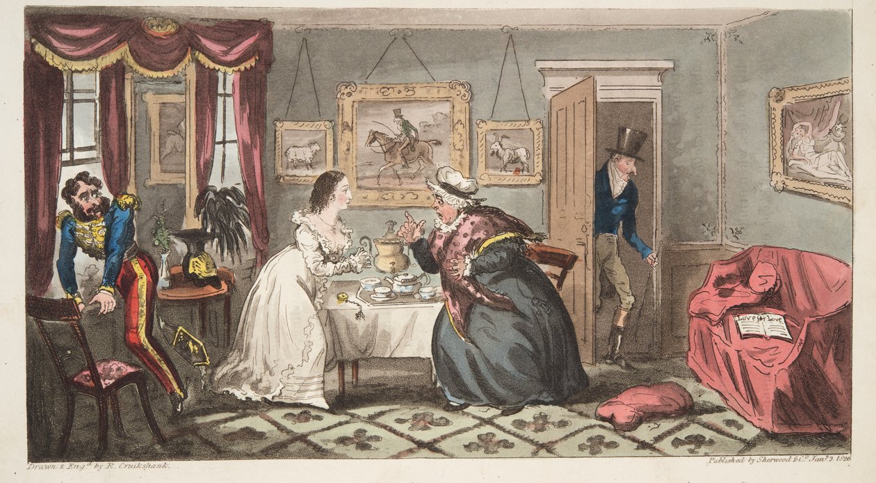 A Bath Beau and Frail Belle or the Mr B. and Miss L., fra The English Spy, pub. 1824 (håndkoloreret gravering) af Isaac Robert Cruikshank