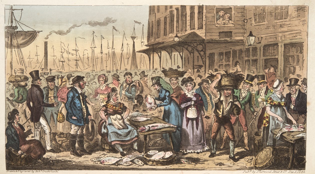 A Frolic in High Life, eller et besøg i Billingsgate, fra The English Spy, pub. 1824 (håndfarvet gravering) af Isaac Robert Cruikshank