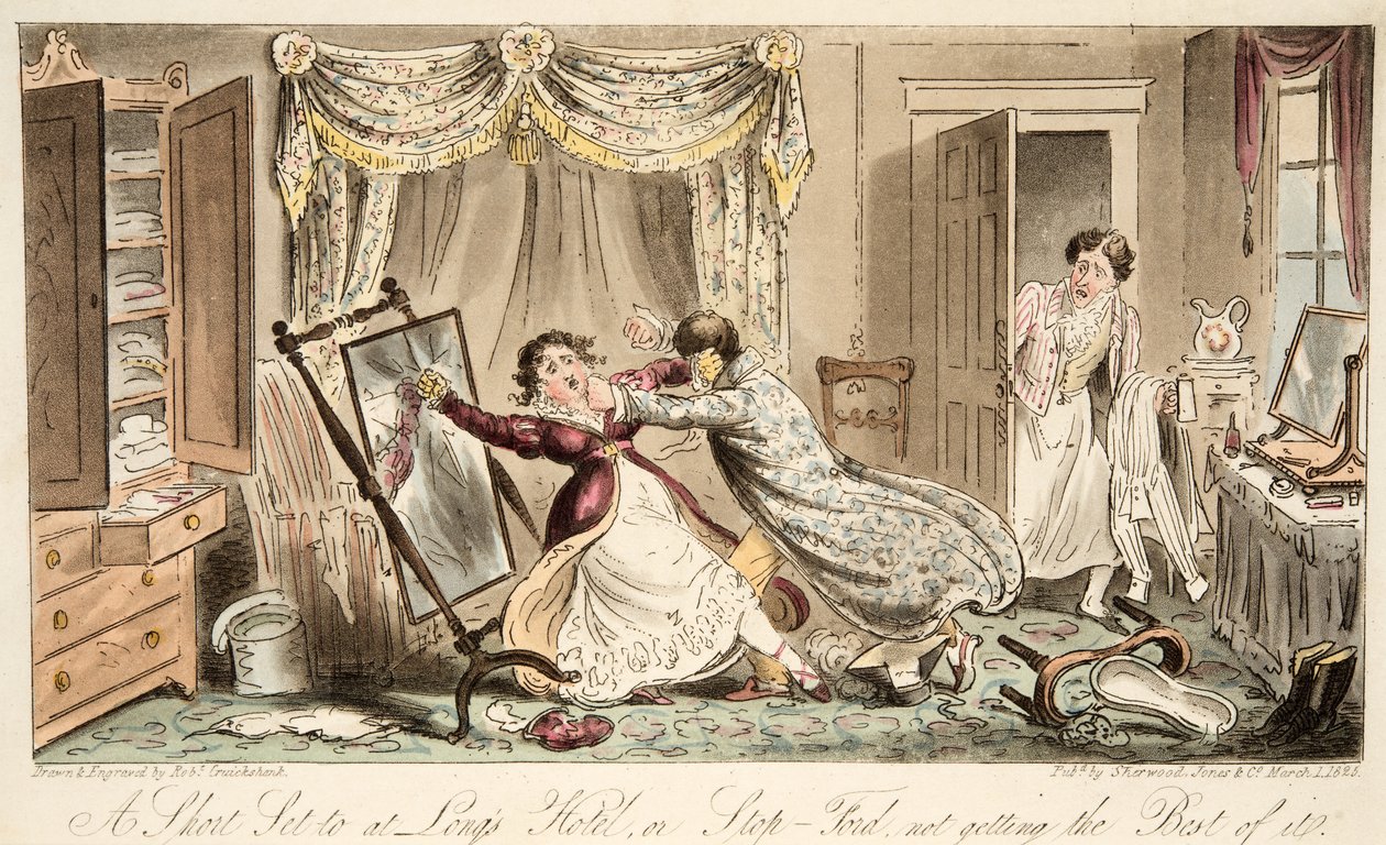 A Short Set til på Longs Hotel eller Stop-Ford får ikke det bedste ud af det, fra The English Spy, pub. 1824 (håndfarvet gravering) af Isaac Robert Cruikshank