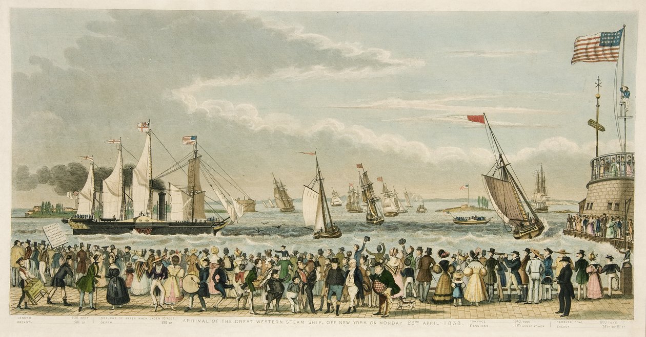 Ankomst af Great Western Steam Ship, ud for New York mandag den 23. april, 1838, pub. 1842 (håndfarvet gravering) af Isaac Robert Cruikshank