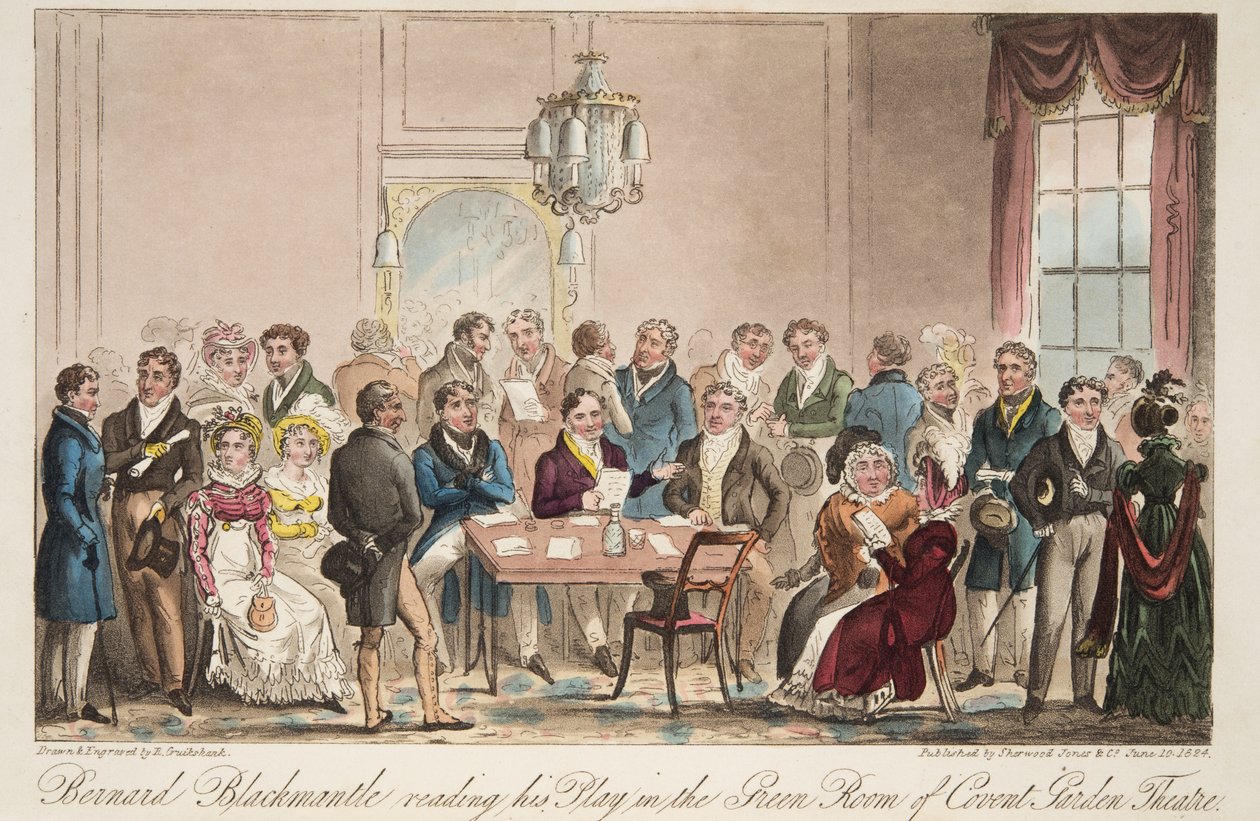 Bernard Blackmantle læser sit skuespil i Green Room i Covent Garden Theatre, fra The English Spy, pub. 1824 (håndfarvet gravering) af Isaac Robert Cruikshank