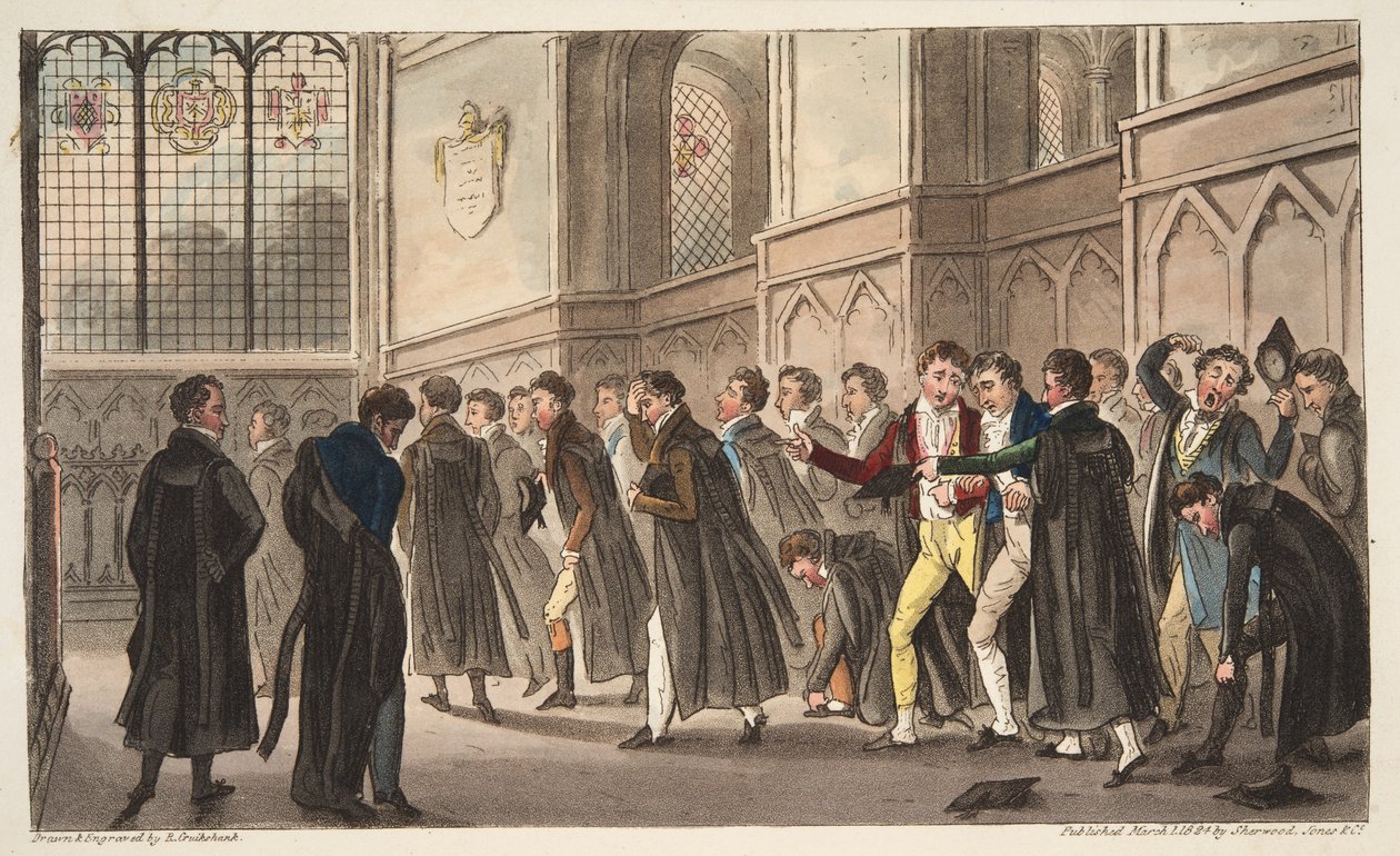 Black Matins, or the Effects of Late Drinking upon Early Risers, fra The English Spy, pub. 1824 (håndfarvet gravering) af Isaac Robert Cruikshank