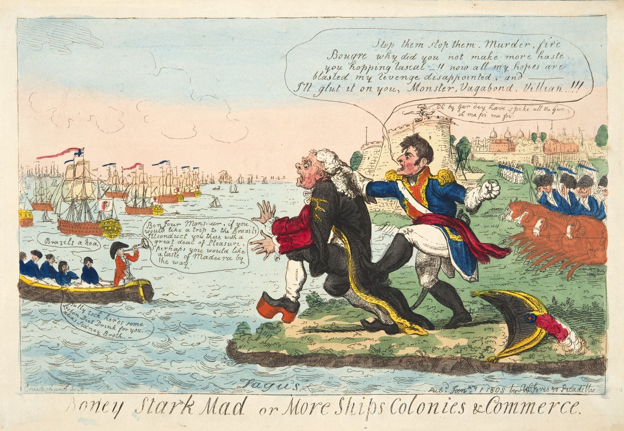 Boney Stark Mad or More Ships Colonies & Commerce, pub. 1808 (håndfarvet gravering) af Isaac Robert Cruikshank
