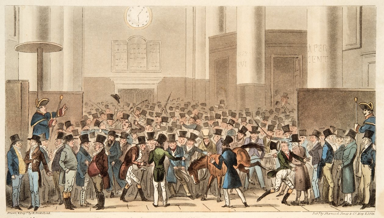 Bulls and Bears in High Bustle, eller Billy Wrights Poney blev medlem af børsen, fra The English Spy, pub. 1824 (håndfarvet gravering) af Isaac Robert Cruikshank