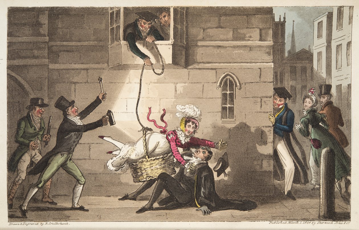 Capping a Proctor, eller Oxford Bull-hunde, der opdager fræk smuglere, fra The English Spy, udgivet London, 1824 (håndfarvet gravering)) af Isaac Robert Cruikshank