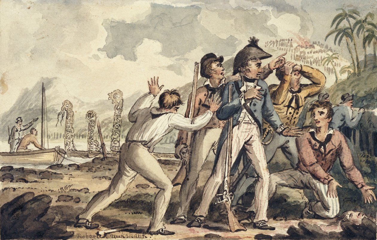 Kaptajn Burney opdager sine myrdede skibskammerater, illustration fra "The Voyages of Captain Cook" af Isaac Robert Cruikshank