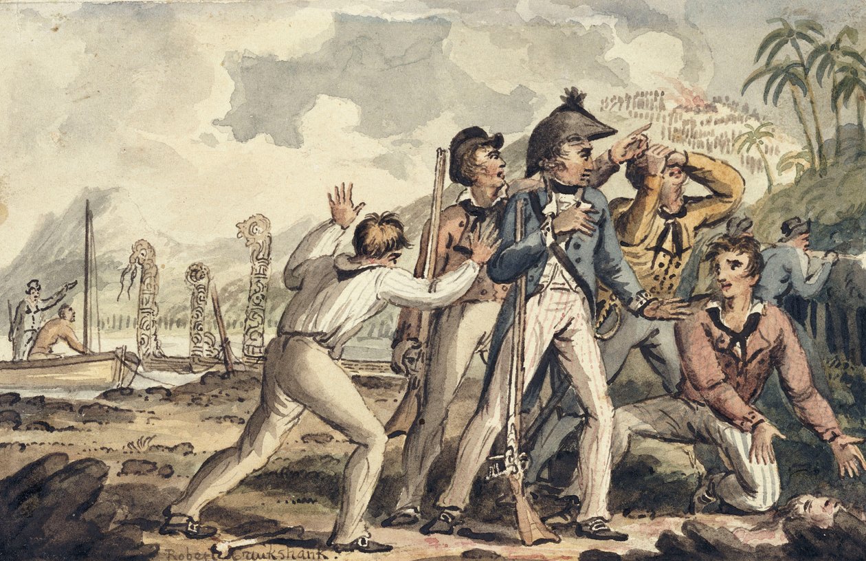 Kaptajn Burney opdager sine myrdede skibskammerater", fra Kaptajn Cooks Voyages af Isaac Robert Cruikshank