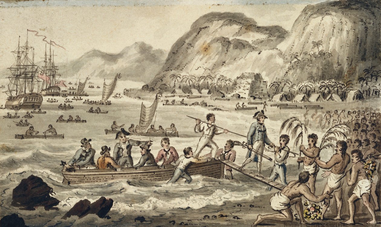 Captain Cook Landing in Owyhee, illustration fra "The Voyages of Captain Cook" af Isaac Robert Cruikshank