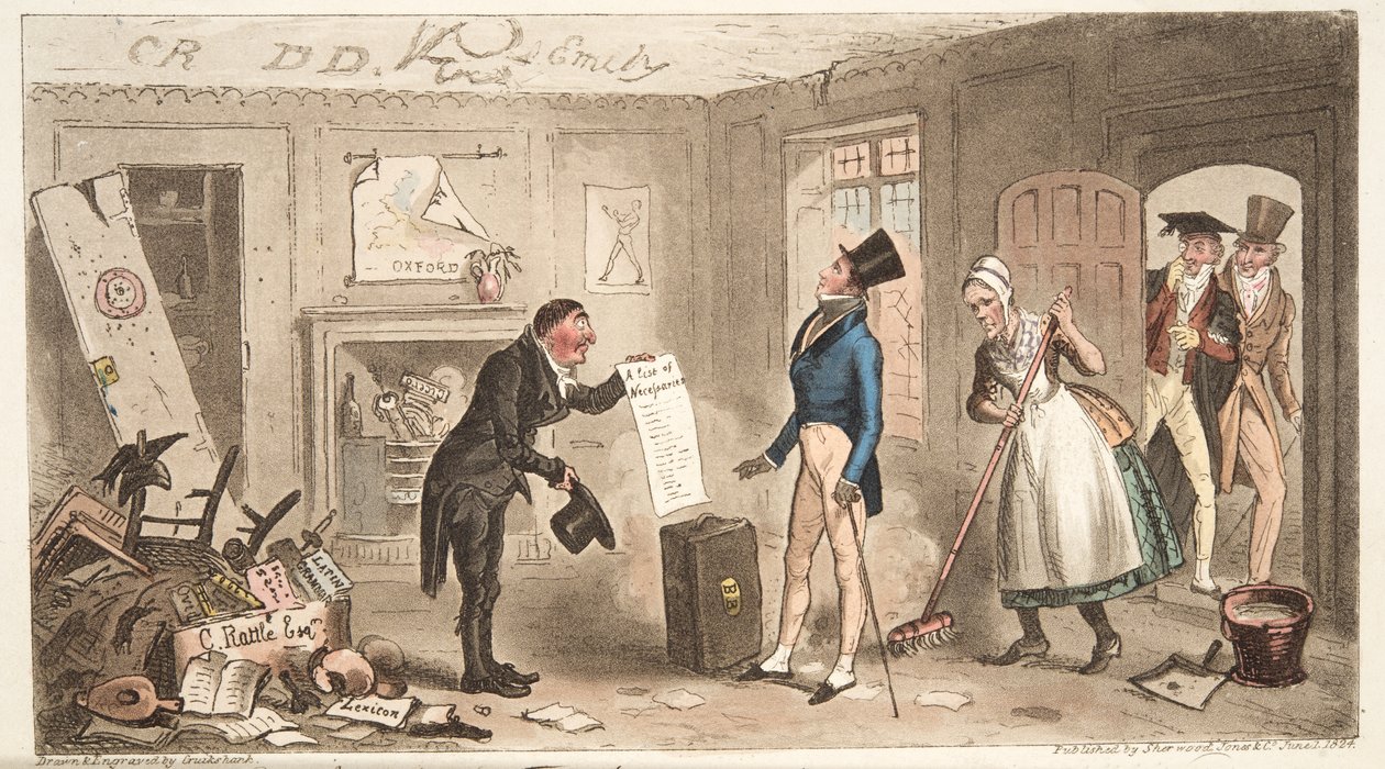 College Comforts, A Freshman, der tager sine værelser i besiddelse, fra The English Spy, pub. 1824 (håndfarvet gravering) af Isaac Robert Cruikshank