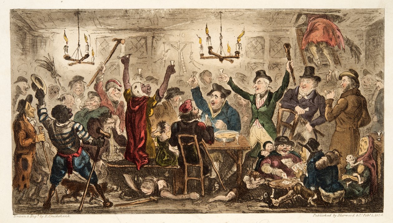 Courtiers Carousing in a Cadgers Ken, fra The English Spy, pub. 1824 (håndfarvet gravering) af Isaac Robert Cruikshank