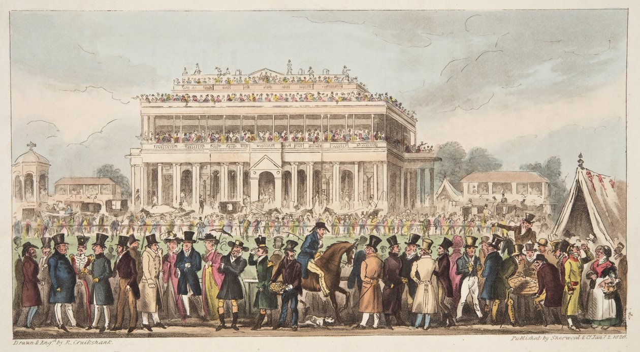 Doncaster Race Course under Great St. Leger Race, 1824, fra The English Spy, pub. 1824 (håndfarvet gravering) af Isaac Robert Cruikshank