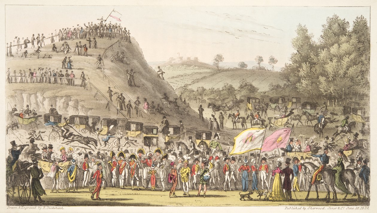 Eton Montem, and the Mount, Salt Hill, fra The English Spy, pub. 1824 (håndfarvet gravering) af Isaac Robert Cruikshank