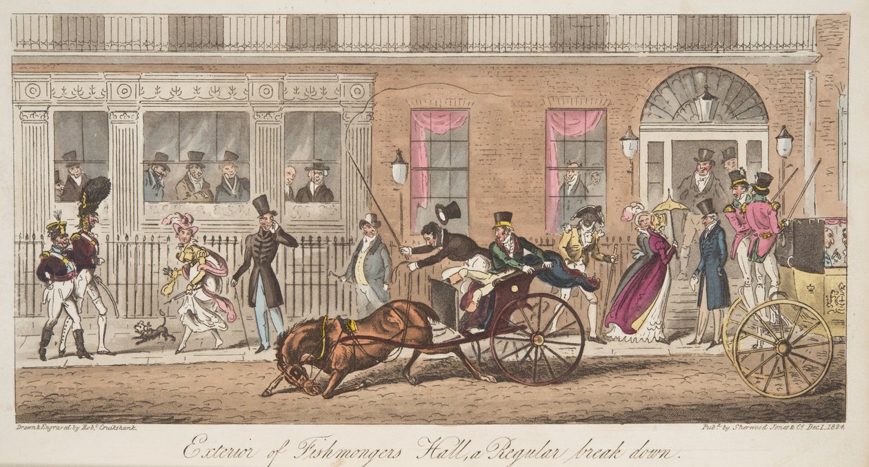 Eksteriør af Fishmongers Hall, St James Street, med udsigt til et regulært sammenbrud, fra The English Spy, pub. 1824 (håndfarvet gravering) af Isaac Robert Cruikshank