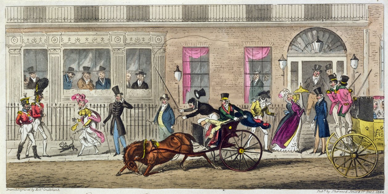 Eksteriør af Fishmongers Hall, a Regular Break Down, 1824 (akvatinte) af Isaac Robert Cruikshank