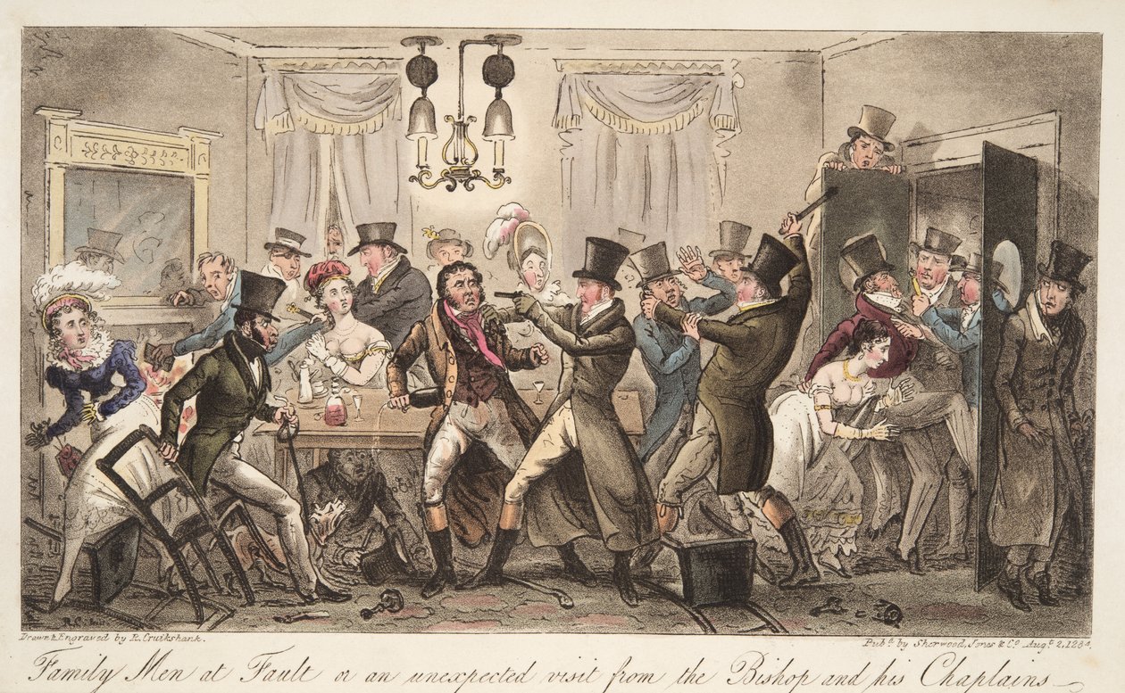 Family Men at Fault, eller et uventet besøg fra biskoppen og hans præster, fra, The English Spy, pub. 1824 (håndfarvet gravering) af Isaac Robert Cruikshank