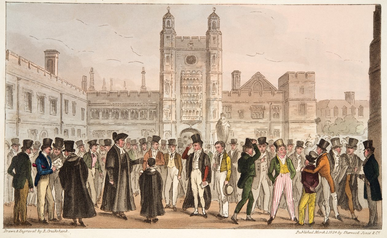 First Absence, eller Etonians Answering Morning Master Roll, fra The English Spy udgivet 1824 (håndfarvet gravering) af Isaac Robert Cruikshank