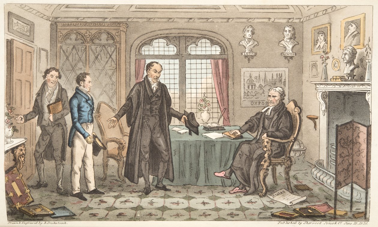 First Bow to Alma Mater, eller Bernard Blackmantles introduktion til Big Wig, fra The English Spy, udgivet London, 1824 (håndfarvet gravering) af Isaac Robert Cruikshank