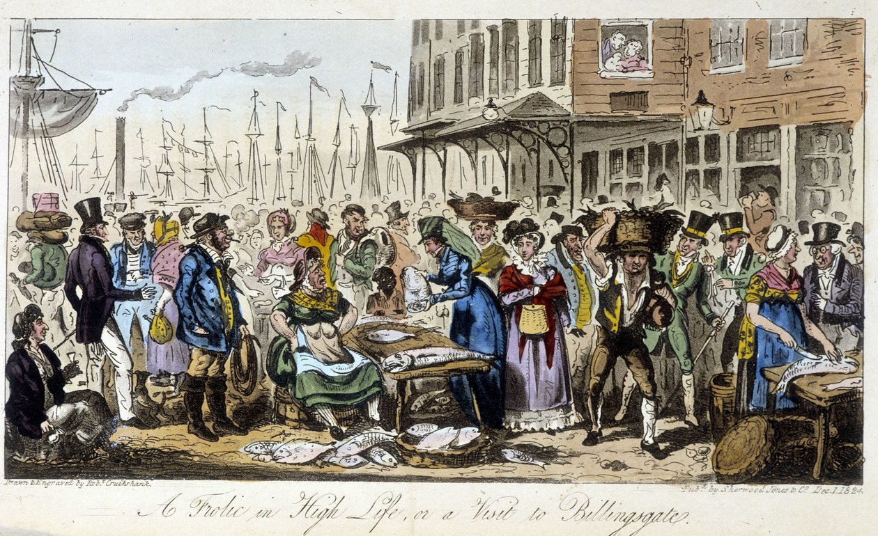 Fish Market i London - i "The English Spy" af Charles Molloy Westmacott, tegning af Robert Cruikshank, London Edition af Isaac Robert Cruikshank