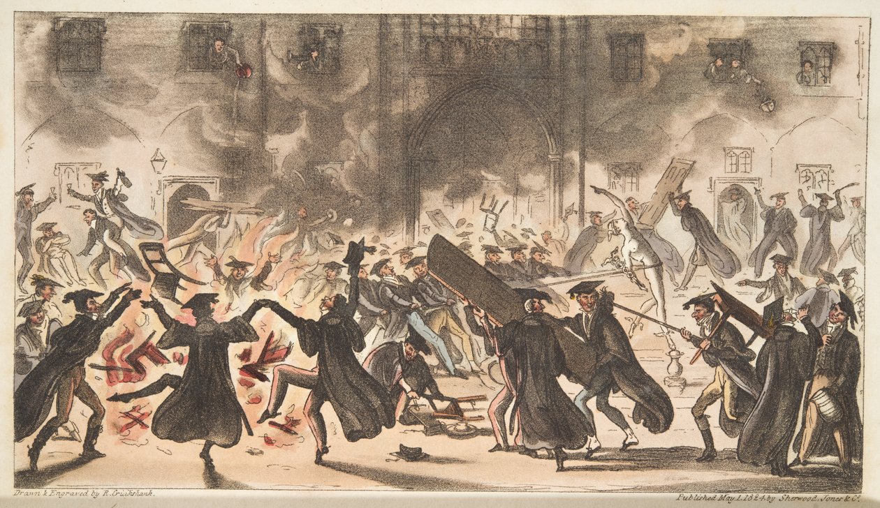 Flooring of Mercury, or Burning of the Oaks, fra The English Spy, pub. 1824 (håndfarvet gravering) af Isaac Robert Cruikshank