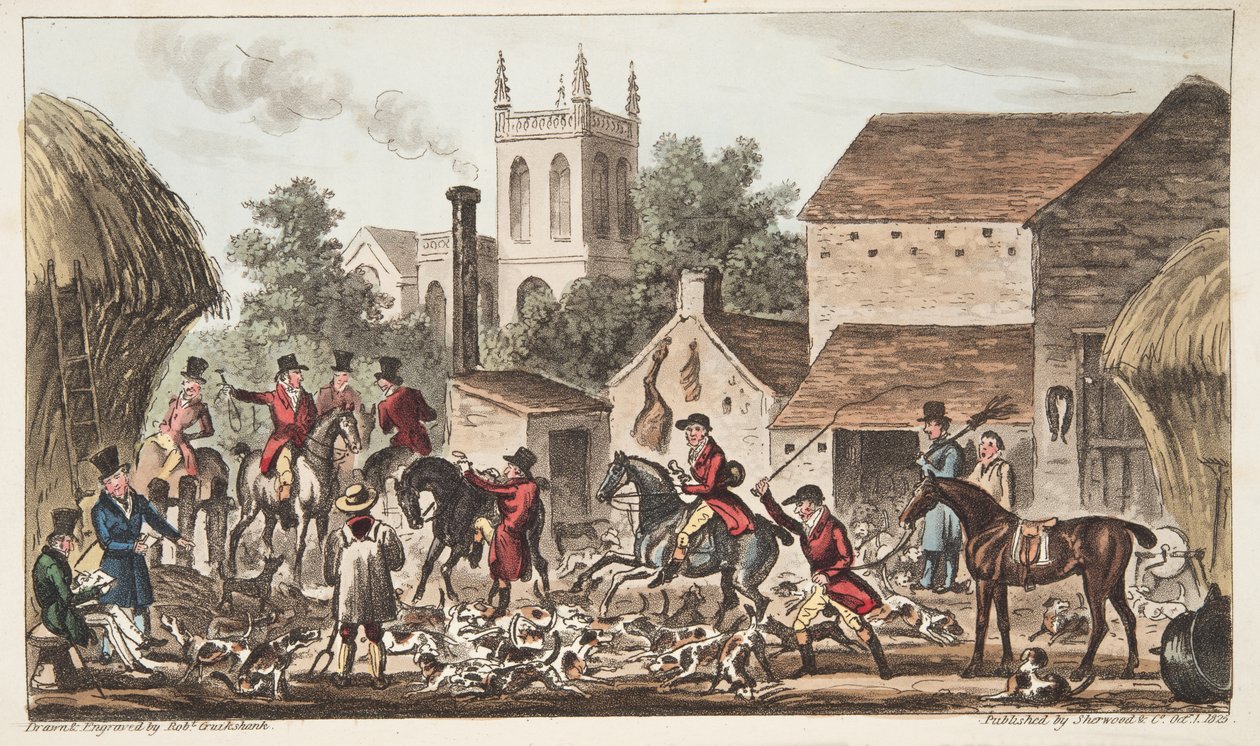 Går ud; En udsigt over Berkeley Hunt Kennel, fra The English Spy udgivet 1824, (håndfarvet gravering) af Isaac Robert Cruikshank