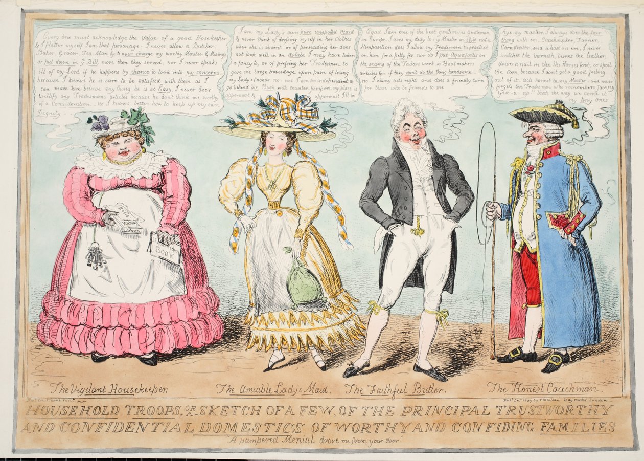 Husholdningstropper eller en skitse af et par af de vigtigste troværdige og fortrolige husstande af værdige og fortrolige familier, 1827 (håndfarvet gravering) af Isaac Robert Cruikshank
