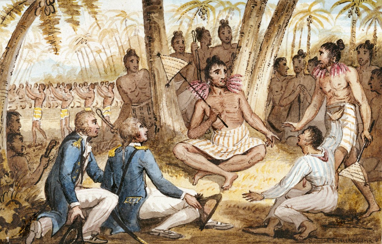 Illustration fra "The Voyages of Captain Cook" af Isaac Robert Cruikshank