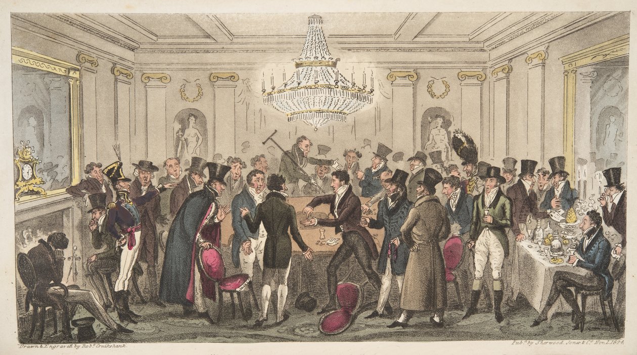 Interiør af et moderne helvede - vide. The Cogged Dice, fra The English Spy, pub. 1824 (håndfarvet gravering) af Isaac Robert Cruikshank
