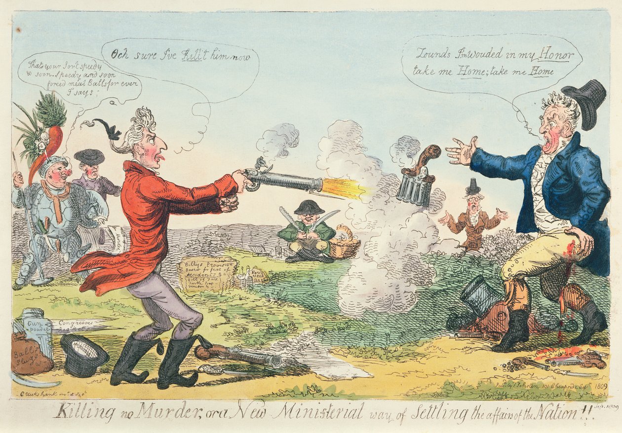 Killing no Murder, eller en ny ministeriel måde at afgøre nationens anliggender på!, 1809 (farveætsning) af Isaac Robert Cruikshank