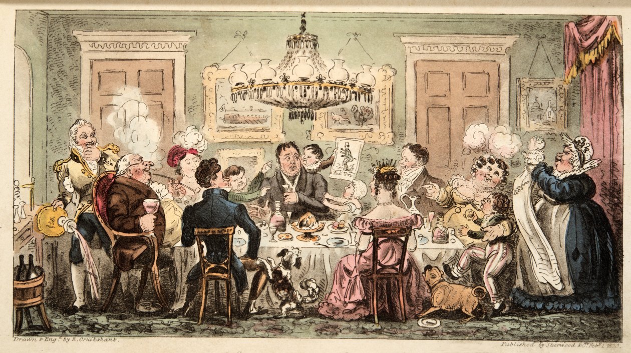 Liston and the Lambkins eller Citizens Dinner Party, fra The English Spy, pub. 1824 (håndfarvet gravering) af Isaac Robert Cruikshank