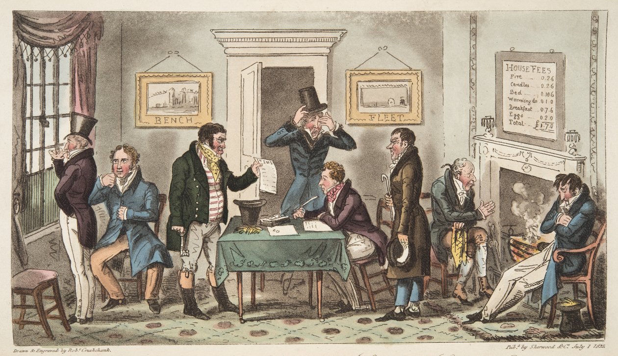 Morning and in Low Spirits, en Lock Up-scene i et Spunging House, Carey Street, en smule Good Truth, fra The English Spy, udgivet London, 1824 af Isaac Robert Cruikshank