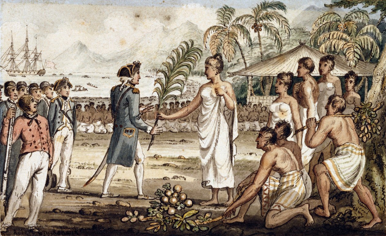 Oatehite, illustration fra "The Voyages of Captain Cook" af Isaac Robert Cruikshank