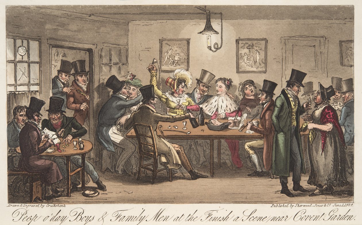 Peep ODays and Famiiy Men at the Finish, fra The English Spy, udgivet af The English Spy, pub. 1824 (håndkoloreret gravering) af Isaac Robert Cruikshank