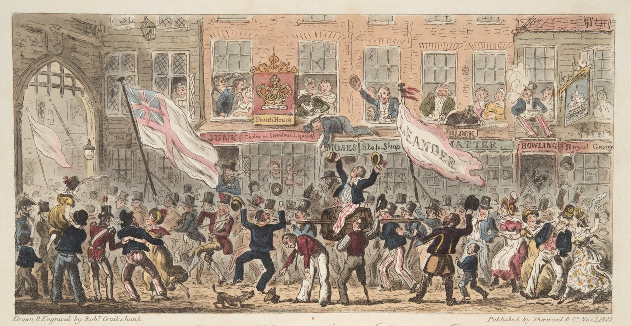 Point Street, Portsmouth, fra The English Spy, pub. 1824 (håndfarvet gravering) af Isaac Robert Cruikshank