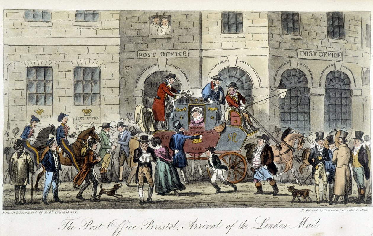 Post i London: The Post Office Bristol, Arrival of the London Mail - i "" The English Spy"" af Charles Molloy Westmacott, tegning af Robert Cruikshank, London-udgaven af Isaac Robert Cruikshank