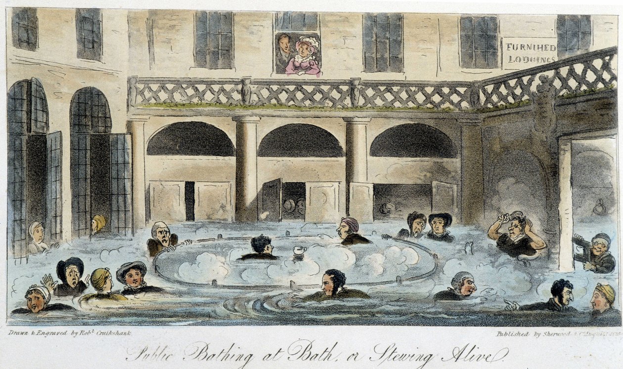 Offentligt bad i London - i "The English Spy" af Charles Molloy Westmacott, tegning af Robert Cruikshank, London-udgaven af Isaac Robert Cruikshank