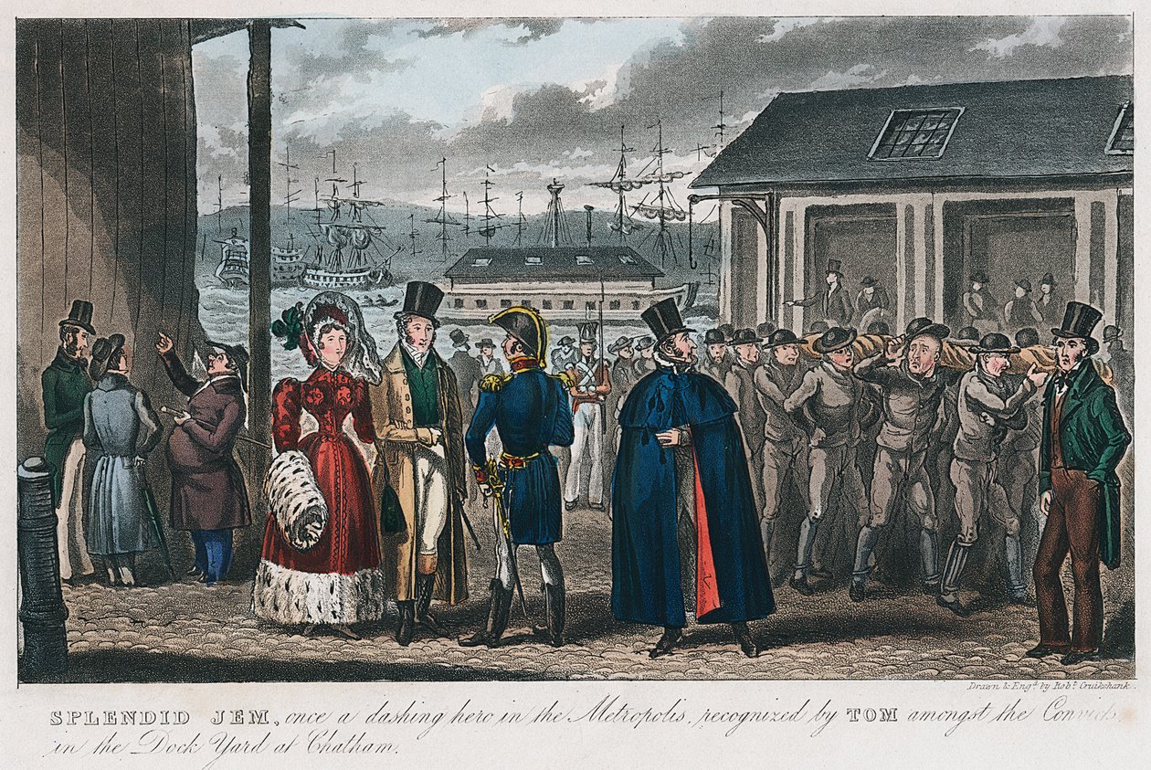 Pragtfuld Jem blandt de dømte i Naval Dock Yard i Chatham, Kent, 1821 af Isaac Robert Cruikshank